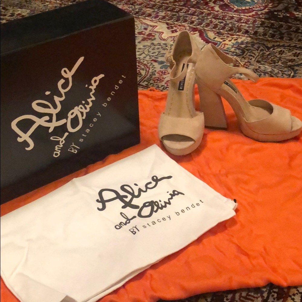 Alice and Olivia open toe suede heels